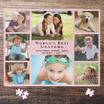 Puzzle Meilleure grand-mère 8 photo Collage rose<br><div class="desc">Ce puzzle rose de huit photos sera un cadeau amusant pour la meilleure grand-mère du monde. Personnalisez avec 8 photos de petits-enfants, d'enfants, d'autres membres de la famille, d'animaux domestiques, etc., customisez l'expression "Meilleure grand-mère du monde" et si elle est appelée "grand-mère", "Nana", "grand-mère", etc., et ajoutez les noms de...</div>