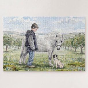 Puzzle Meilleurs amis-Enfant avec poney et chien dans un