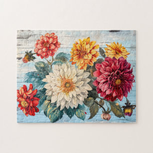 Puzzle Mélange de jardin de dahlias sur bois bleu