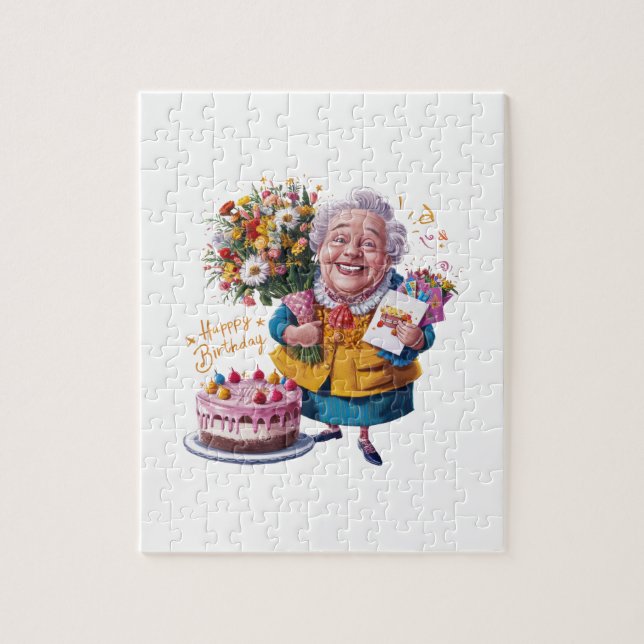 Puzzle Mémé à vélo avec gâteau et ballons (Vertical)