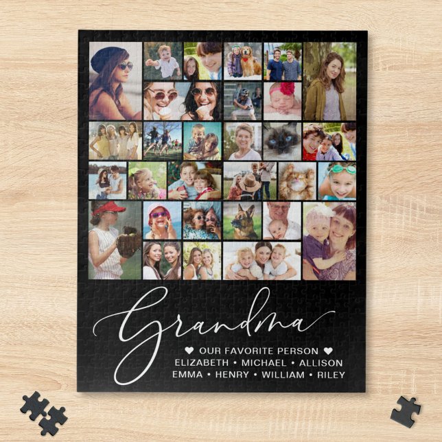 Puzzle Mémé Collage de 30 Photos Noir (Grandma 30 Photo Collage Black Jigsaw Puzzle)