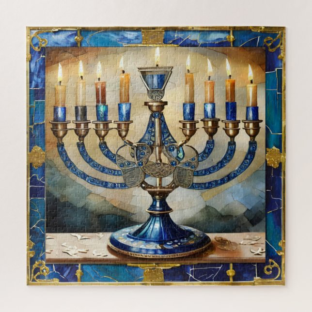 Puzzle Menorah de Hanukkah bleue (Vertical)