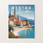 Puzzle Menton France Travel Art Vintage<br><div class="desc">Conception de déplacement vectoriel Menton rétro. Menton est une ville sur la Côte d'Azur dans le sud-est de la France. Elle est connue pour ses plages et ses jardins comme le jardin de la Serre de la Madone.</div>