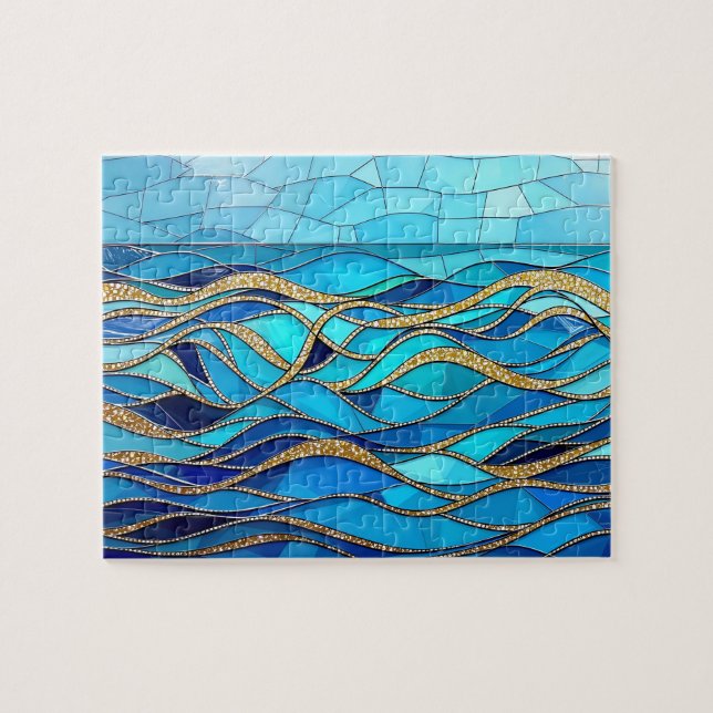 Puzzle Mer d'ondes Mosaïque Bleue et Or (Horizontal)
