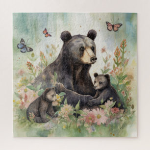 Puzzle Mère Bear Cubs Papillons Fleurs Peinture