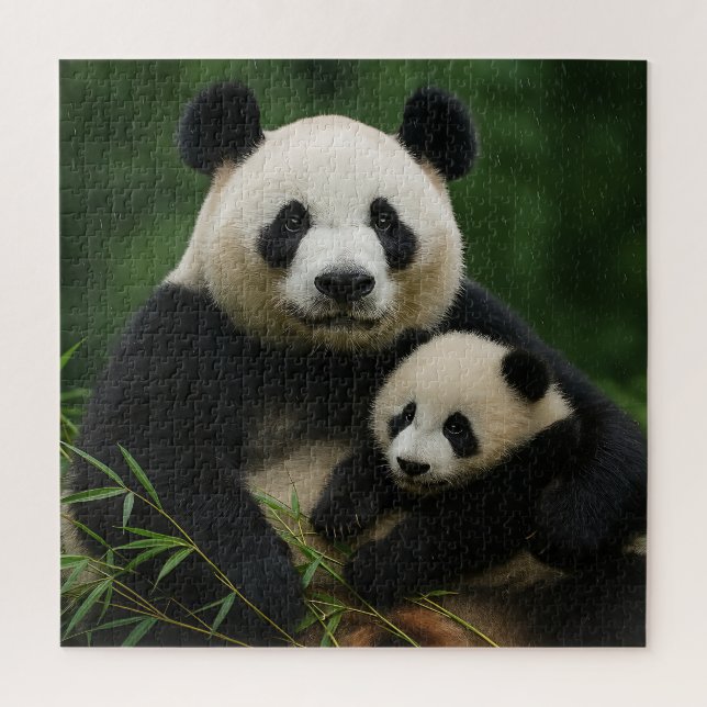 Puzzle Mère panda et petit dans une pluie douce (Vertical)