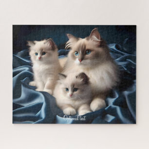 Puzzle Mère Ragdoll Chat et chatons en bleu