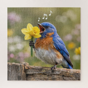 Puzzle Merle bleu chantant dans un narcisse jaune