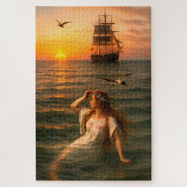 Puzzle Mermaid Looking At Sailing Ship At Sunset (Vertical)