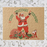 Puzzle Merry Christmas Everybody! Vintage Santa Claus<br><div class="desc">Vintage illustration Christmas holiday design featuring a jolly Santa Claus with his long white beard and wearing a hat. Santa is standing with his arms in the air and children's toys (horse,  doll,  clown and a ball) all around him shouting Merry Christmas Everybody!</div>