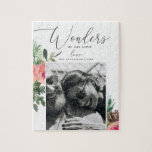 Puzzle Merveilles de son amour | Photo de Noël religieuse<br><div class="desc">Partagez la joie de la saison et la beauté de la foi avec ce puzzle de Noël religieux personnalisé, avec l'expression inspirante "Merveilles de son amour" dans un script élégant et des flancs d'aquarelle délicats. Ajoutez votre propre photo de famille pour créer un cadeau ou un souvenir unique et significatif....</div>