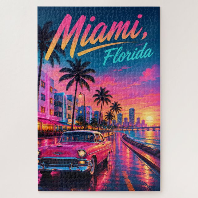 Puzzle Miami Floride Rétro Néon Coucher de Soleil Voyage (Vertical)