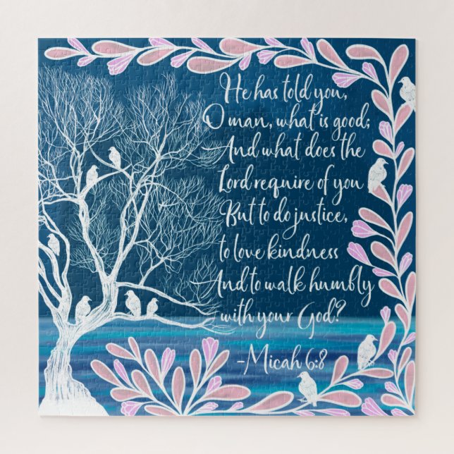 Puzzle Micah 6:8 Teal Blue White Tree Birds Bible Verse (Vertical)