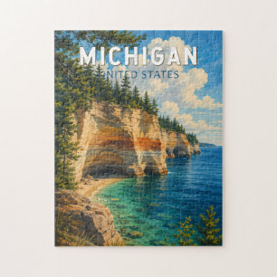 Puzzle Michigan Illustration Voyage Art Vintage