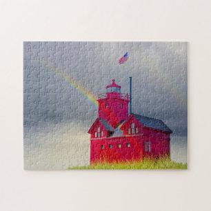 Puzzle Michigan Red Lighthouse avec arc-en-ciel