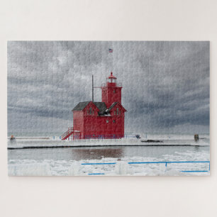 Puzzle Michigan Red Lighthouse en hiver