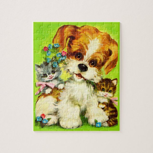 Puzzle mignon chiot et chatons souriants (Vertical)
