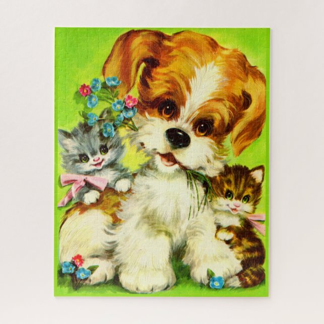 Puzzle mignon chiot et chatons souriants (Vertical)
