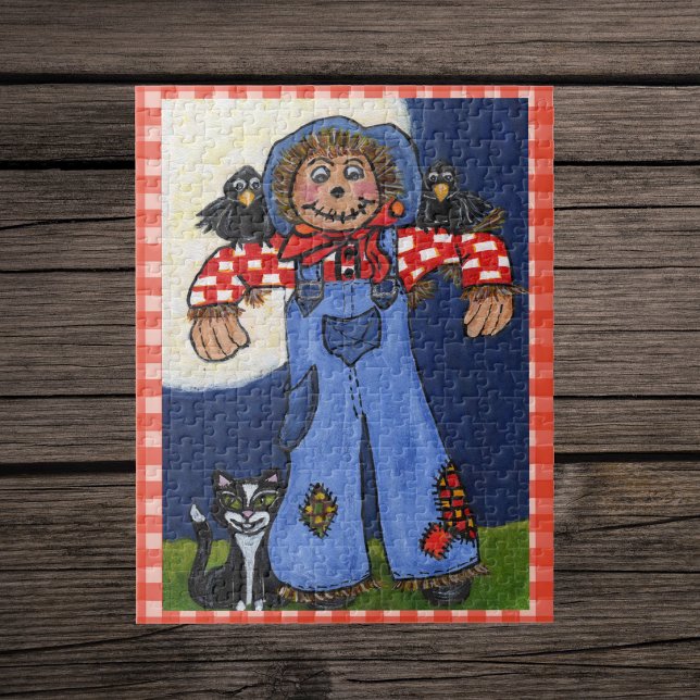 Puzzle Mignon épouvantail d'art folklorique avec chat et  (Cute scarecrow plain shirt overalls with cat and crows big moon plaid border jigsaw puzzle.)