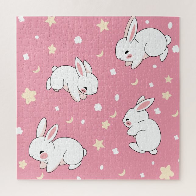 Puzzle Mignon Lapin Kawaii Doodle Rose (Vertical)