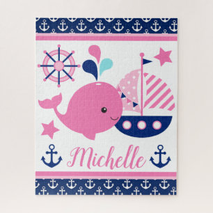 Puzzle Mignon motif baleine rose et ancres nautiques