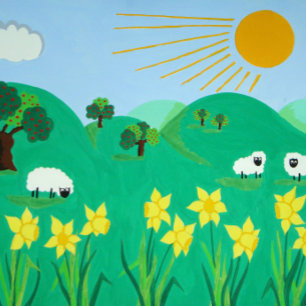 Puzzle mignon moutons hills bleu ciel et soleil amusants