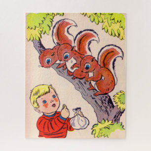 Puzzle mignon petit garçon nourrit de mignons petits écur