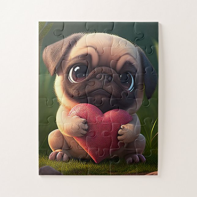 Puzzle Mignon Pug tenant un cœur (Vertical)