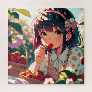 Puzzle Mignonne Anime Girl Mange des fraises   Jour d'été