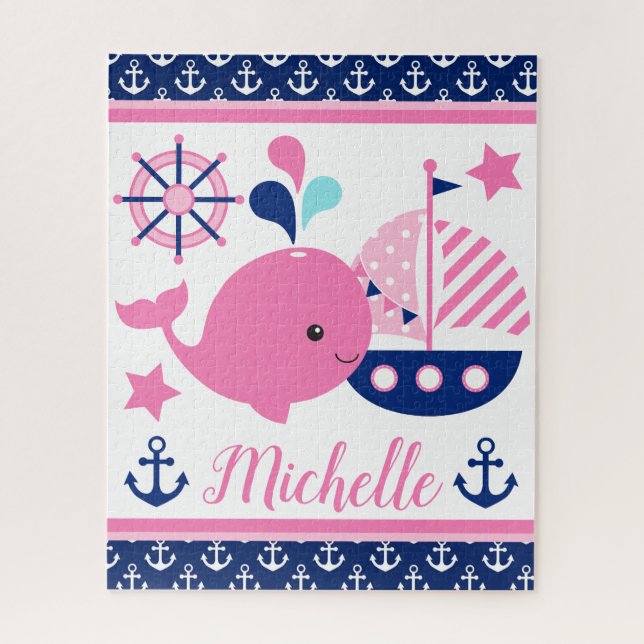 Puzzle Mignonne baleine rose marine et Motif Ancres (Vertical)
