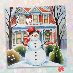 Puzzle Mignonne bonhomme de neige en banlieue Noël