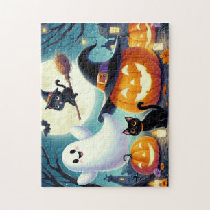 Puzzle Mignonne, citrouille d'Halloween, chat & fantôme