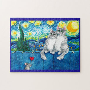 Puzzle Mignonne couple de chat, souris Starry Night puzzl