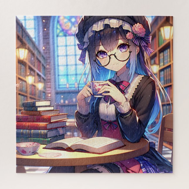 Puzzle Mignonne fille Anime dans les lunettes Lecture (Vertical)