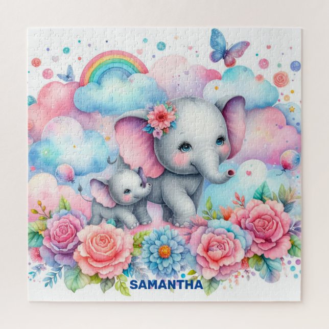 Puzzle Mignonne maman et son bébé éléphant à l'arc-en-cie (Vertical)