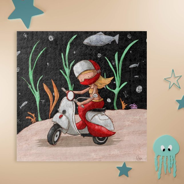 Puzzle Mignonne Mermaid équitation Moto (Exclusive puzzle with a mermaid driving a motorcycle under the sea. )