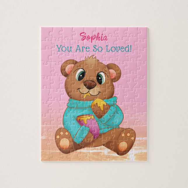 Puzzle Mignonne Ours Manger Miel, Nom/Message de l'enfant (Vertical)