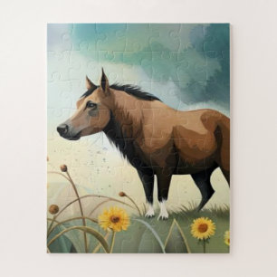 Puzzle Mignonne poney brun dans le champ floral
