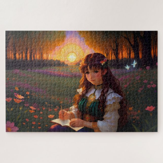 Puzzle Mignonne Sad Anime Style Femme dans le pré au couc (Horizontal)