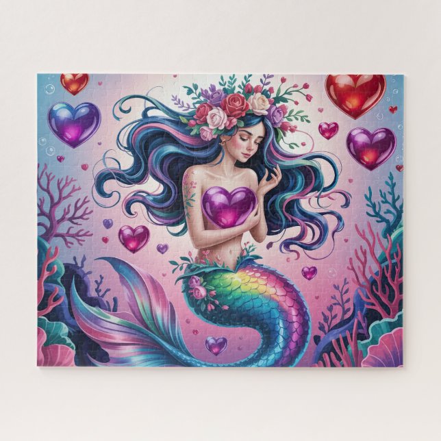 Puzzle Mignonne sirène de fantaisie avec des cœurs (Horizontal)