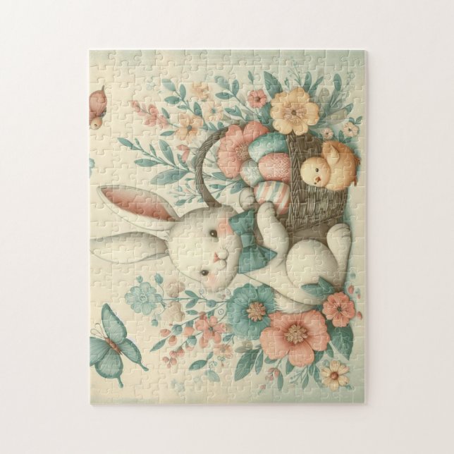Puzzle Mignonne, Vintage lapin de Pâques & poussin (Vertical)