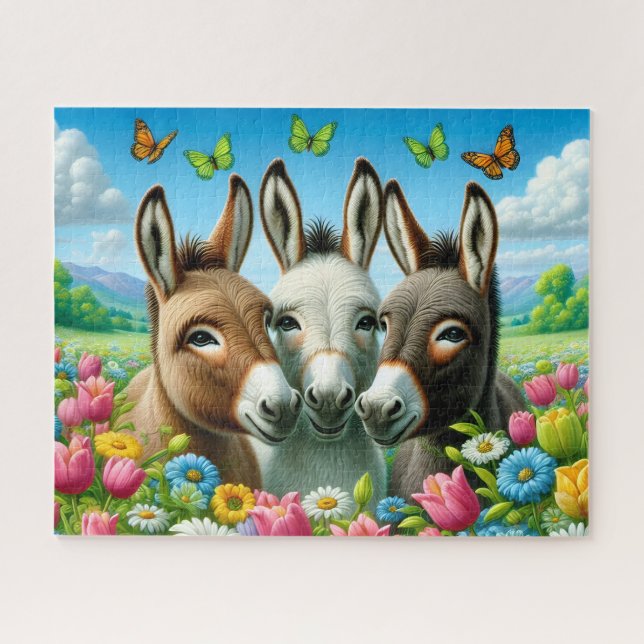 Puzzle Mignons 3 Ânes Dans Des Fleurs (Horizontal)