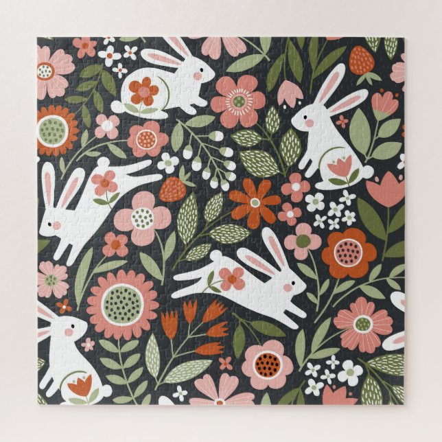 Puzzle Mignons lapins blancs, motif vintage fleuri. (Vertical)