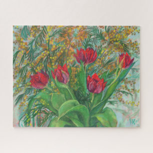 Puzzle Mimosa et Tulipes, Fleurs de Printemps, Peinture F