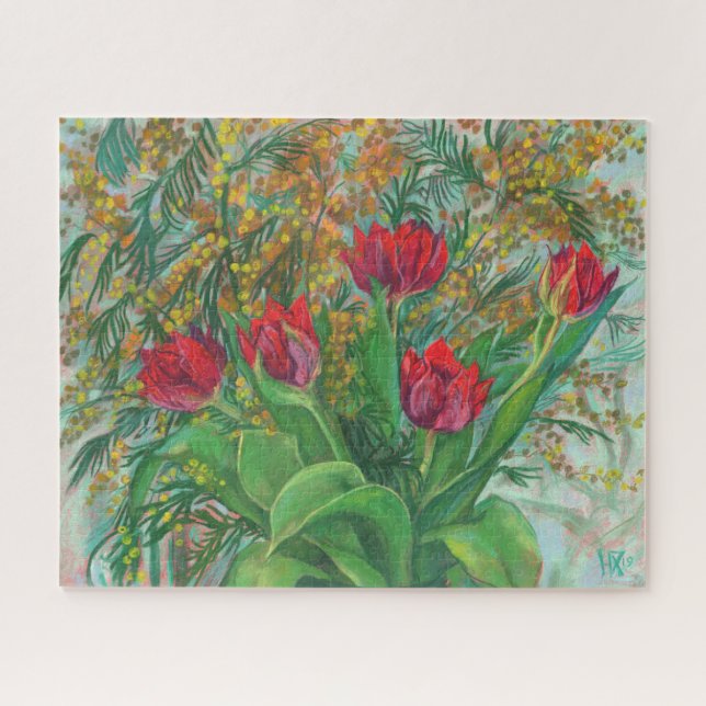 Puzzle Mimosa et Tulipes, Fleurs de Printemps, Peinture F (Horizontal)