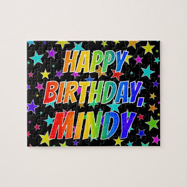 Puzzle "MINDY" Prénom, Fun "JOYEUX ANNIVERSAIRE" (Horizontal)
