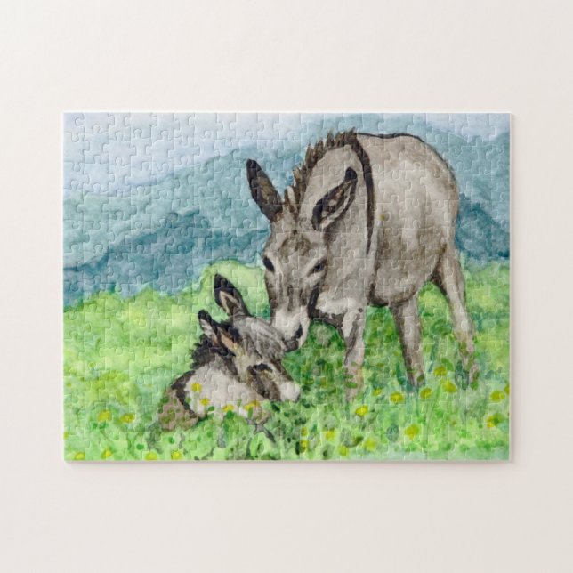 Puzzle Miniature Donkey Maman et bébé Aquarelle Art (Horizontal)