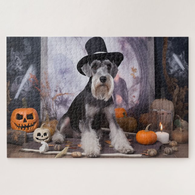 Puzzle Miniature Schnauzer Citrouilles Halloween Épouvant (Horizontal)