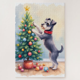 Puzzle Miniature Schnauzer Décorant l'Arbre de Noël Chien