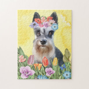 Puzzle Miniature Schnauzer Dog with Flowers Spring